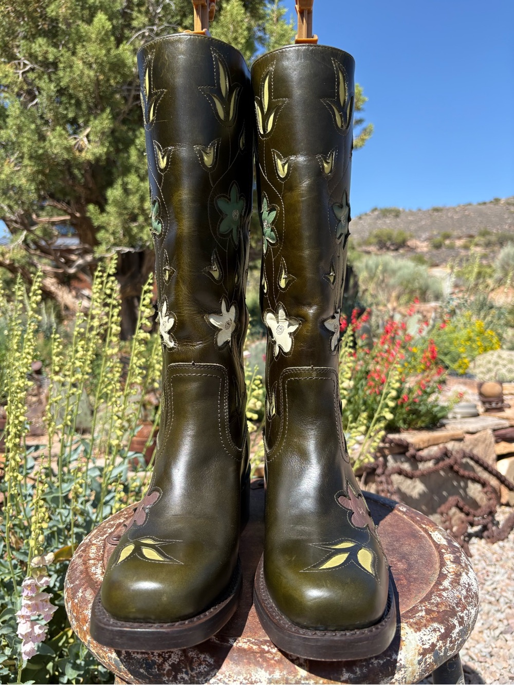 NWOT FRYE x Anthropologie Campus 14L Green Floral Cutout Boots - Picture 8 of 16